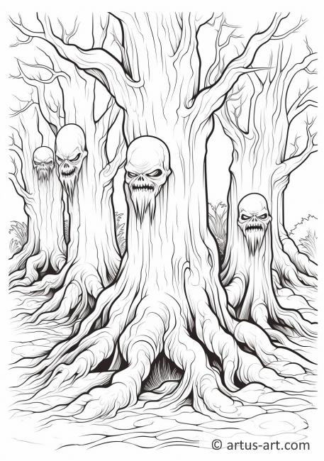 Page de coloriage d'arbres effrayants